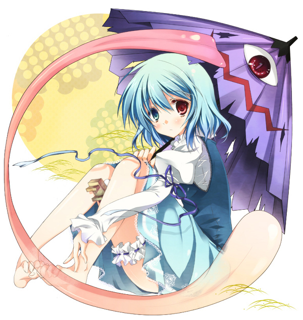 blue_eyes blue_hair feet heterochromia karakasa karakasa_obake purinko red_eyes short_hair solo tatara_kogasa thigh_strap toe_scrunch tongue touhou umbrella