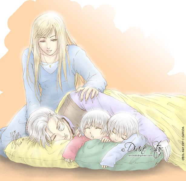 blonde_hair dante devil_may_cry eva_(devil_may_cry) family pillow saliva silver_hair sleeping sparda vergil young