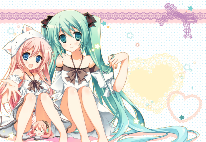 &gt;_&lt; animal_ears animal_hat bare_shoulders cat_ears hair_twirling hat hatsune_miku heart long_hair megurine_luka megurine_luka_(toeto) open_mouth outstretched_arm outstretched_hand panties polka_dot polka_dot_panties purinko reaching smile takoluka toeto_(vocaloid) twintails underwear very_long_hair vocaloid xd