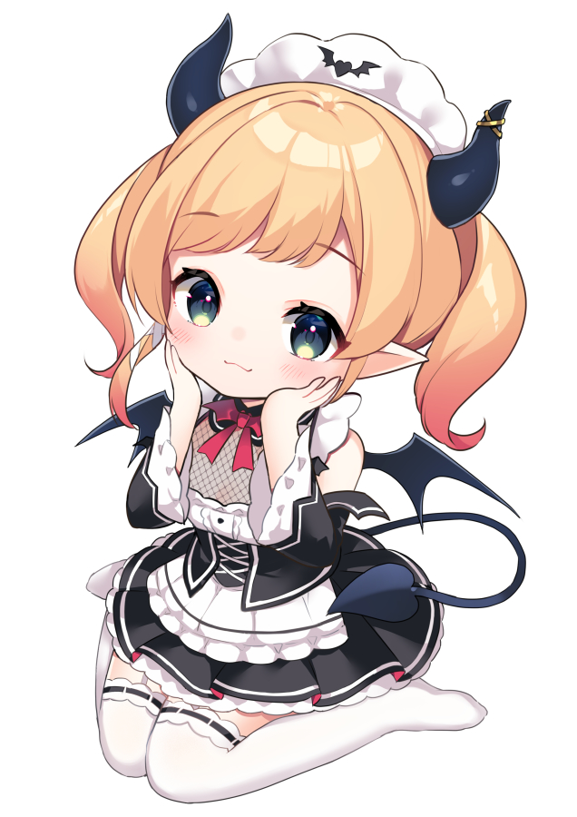 1girl apron bangs black_dress blonde_hair blue_eyes blush chibi closed_mouth commentary_request demon_girl demon_horns demon_tail demon_wings dress eyebrows_visible_through_hair full_body gradient_hair hands_on_own_cheeks hands_on_own_face hololive horns long_hair long_sleeves looking_at_viewer maid maid_headdress multicolored_hair no_shoes nyasunyadoora pointy_ears redhead sidelocks signature simple_background sitting solo tail thigh-highs twintails virtual_youtuber wariza white_apron white_background white_legwear wings younger yuzuki_choco