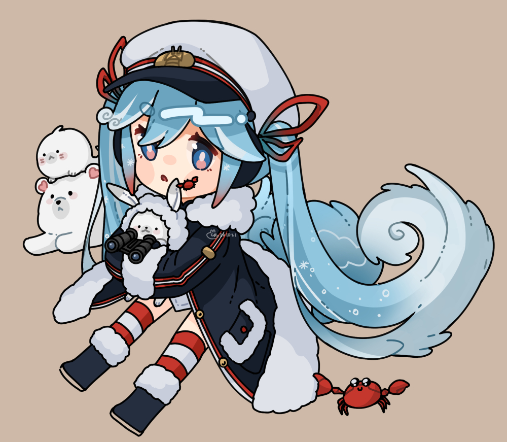 1girl 1other animal binoculars black_coat black_footwear blue_eyes boots brown_background coat commentary crab fur-trimmed_boots fur-trimmed_coat fur-trimmed_hood fur_trim hair_ribbon hat hatsune_miku holding holding_animal hood hood_up light_blue_hair long_hair looking_at_viewer military military_uniform naval_uniform open_mouth rabbit rabbit_yukine red_ribbon ribbon ryere sailor_hat seal_(animal) striped striped_legwear thigh-highs twintails uniform very_long_hair vocaloid wavy_hair white_headwear yuki_miku yuki_miku_(2022)