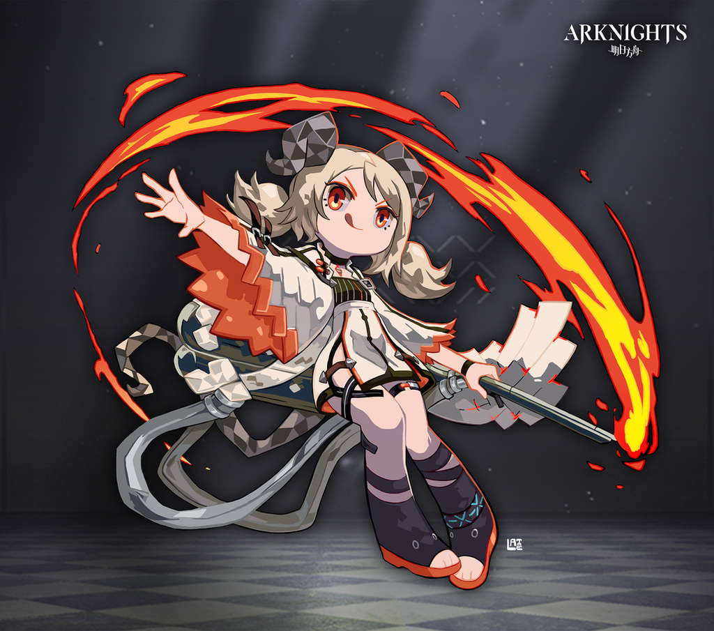 1girl arknights bangs blonde_hair closed_mouth dress fire full_body holding holding_wand horns ifrit_(arknights) lataedelan long_hair long_sleeves looking_at_viewer orange_eyes outstretched_arm sandals smile solo toeless_footwear tongue tongue_out twintails v-shaped_eyebrows wand white_dress