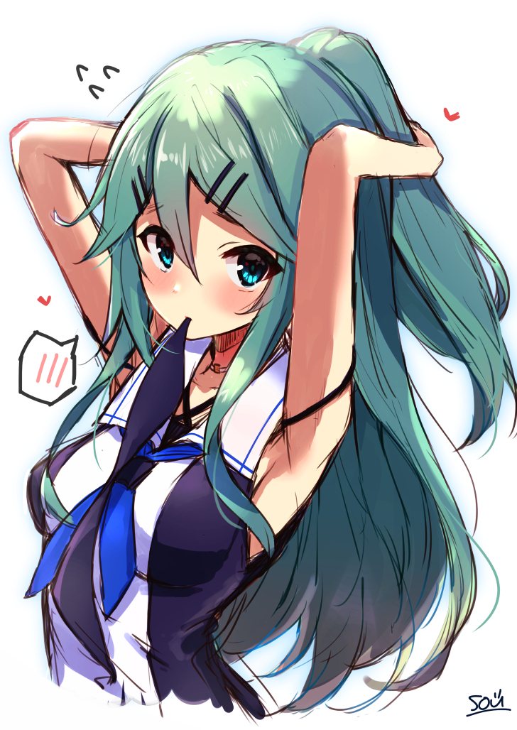 1girl black_ribbon black_serafuku blue_neckerchief blue_neckwear blue_ribbon blush breasts collar comb combing eyebrows_visible_through_hair green_eyes green_hair hair_between_eyes hair_flaps hair_ornament hair_ribbon hairclip hairdressing heart holding holding_comb kantai_collection long_hair looking_at_viewer neckerchief ponytail ribbon school_uniform serafuku simple_background small_breasts solo sou_(soutennkouchi) white_background yamakaze_(kancolle)