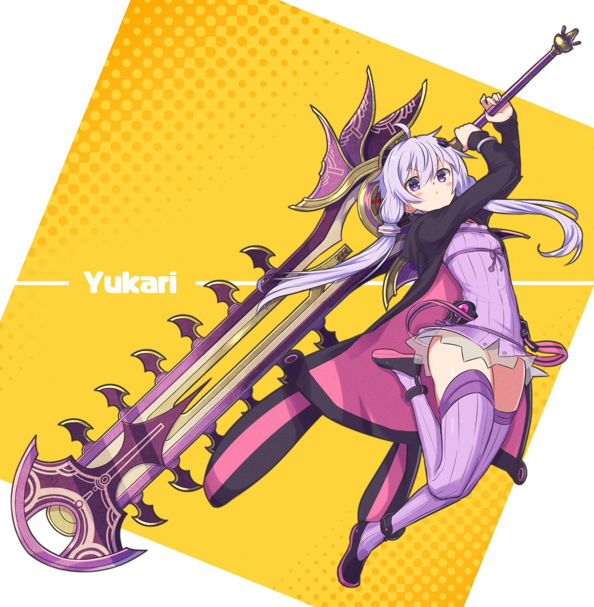 1girl :&lt; animal_ears arms_up blush bracelet character_name commentary dress full_body hair_tubes halftone halftone_background hip_gear holding holding_sword holding_weapon huge_weapon jacket jewelry leg_up looking_at_viewer purple_dress purple_hair purple_jacket purple_legwear rabbit_ears rune_(ru-nn) sidelocks solo sword thigh-highs v-shaped_eyebrows violet_eyes vocaloid voiceroid weapon yellow_background yuzuki_yukari