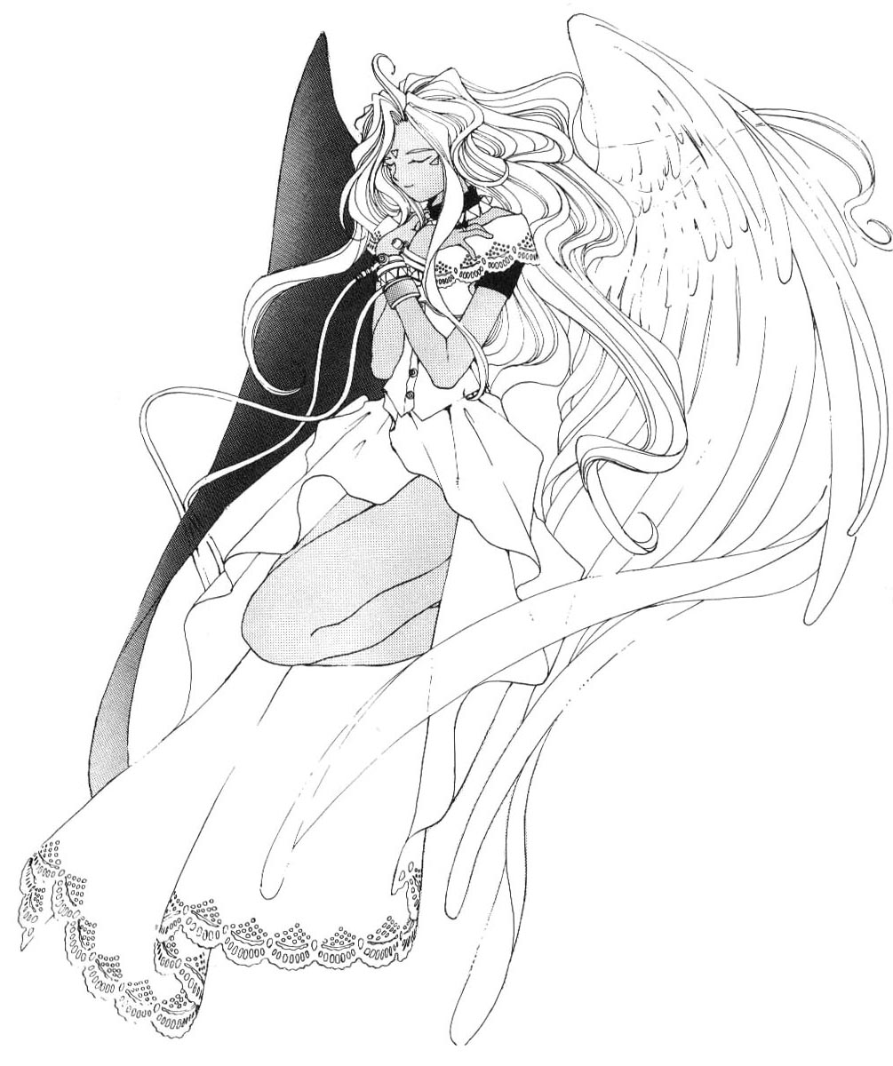 aa_megami-sama dark-skinned_female facial_mark goddess urd white_hair wings