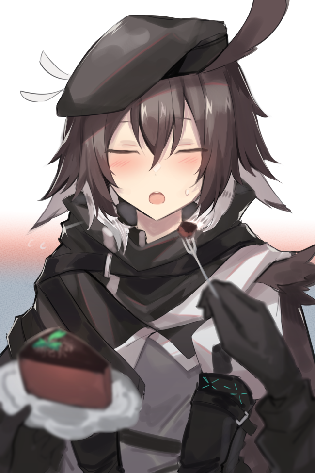 1girl 1other ahoge arknights beret black_cape black_headwear brown_hair cake cake_slice cape closed_eyes feeding flying_sweatdrops food fork grey_shirt hair_between_eyes hat holding holding_fork holding_plate infection_monitor_(arknights) multicolored_hair open_mouth out_of_frame plate plume_(arknights) pov sasa_onigiri shirt simple_background solo_focus streaked_hair two-tone_hair upper_body white_background white_hair