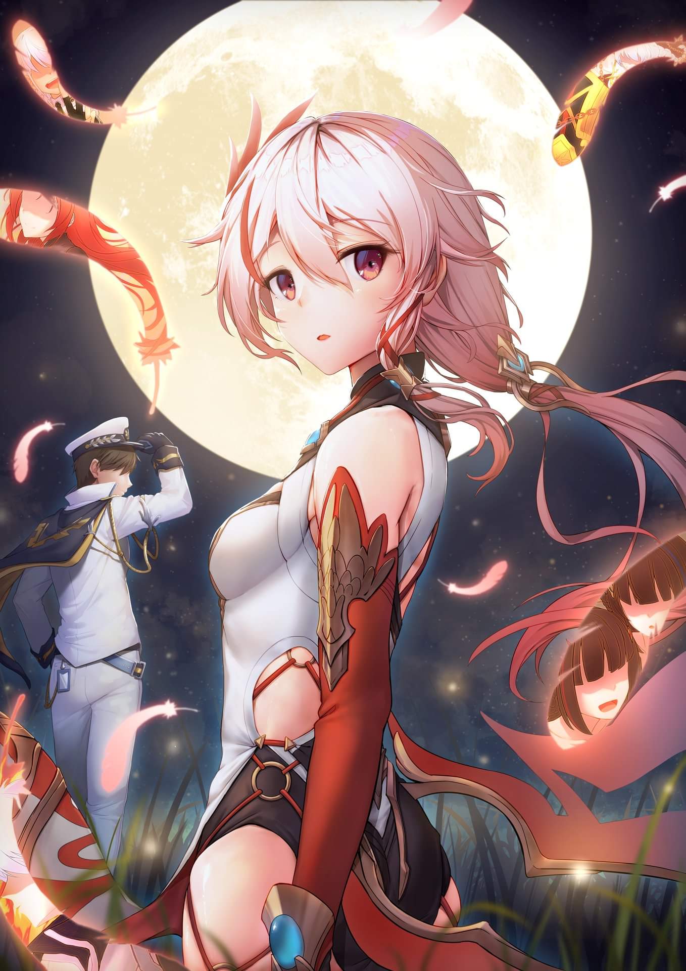 1boy 1girl :o bangs black_gloves brown_hair captain_(honkai_impact) china_dress chinese_clothes dress elbow_gloves feathers fu_hua fu_hua_(phoenix) full_moon gloves grass hair_between_eyes hair_ornament hat highres holding holding_clothes holding_hat honkai_(series) honkai_impact_3rd jacket jingwei_(honkai_impact) long_hair long_sleeves looking_at_viewer looking_to_the_side military military_hat military_uniform moon night night_sky open_mouth outdoors pants ponytail red_eyes red_gloves sky sleeveless sleeveless_dress uniform white_hair white_headwear white_jacket white_pants xfate