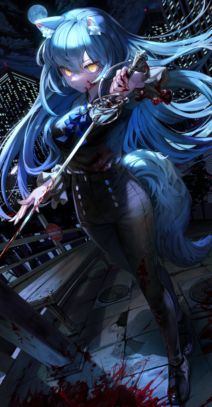 1girl :&lt; a0lp animal_ear_fluff animal_ears bangs bench black_footwear black_pants black_shirt blood blood_on_clothes blood_on_face blood_on_hands blood_on_weapon blood_splatter blue_hair breasts city city_lights closed_mouth commentary_request eyebrows_visible_through_hair floating_hair full_body full_moon gem hair_between_eyes highres holding holding_sword holding_weapon korean_commentary long_hair long_sleeves looking_at_viewer moon neckwear_request night night_sky original pants shirt shoes sign sky solo standing sword tail v-shaped_eyebrows very_long_hair warning_sign weapon yellow_eyes