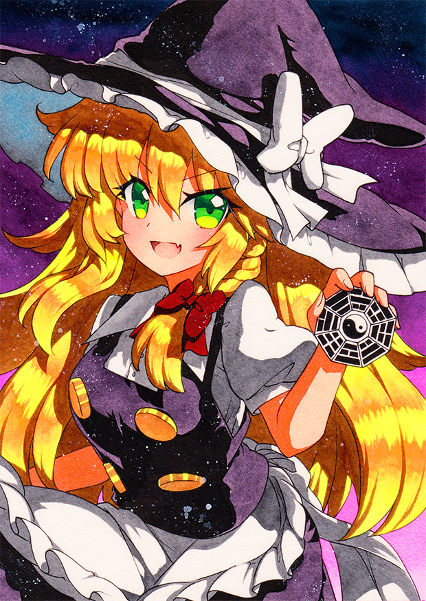 1girl :d apron black_headwear black_skirt black_vest blonde_hair bow braid buttons collared_shirt cowboy_shot dress_shirt eyebrows_visible_through_hair fang green_eyes hair_between_eyes hair_bow hat hat_ribbon kirisame_marisa long_hair looking_at_viewer mini-hakkero open_mouth puffy_short_sleeves puffy_sleeves qqqrinkappp red_bow ribbon shirt short_sleeves single_braid skin_fang skirt smile solo touhou traditional_media vest waist_apron white_shirt witch_hat