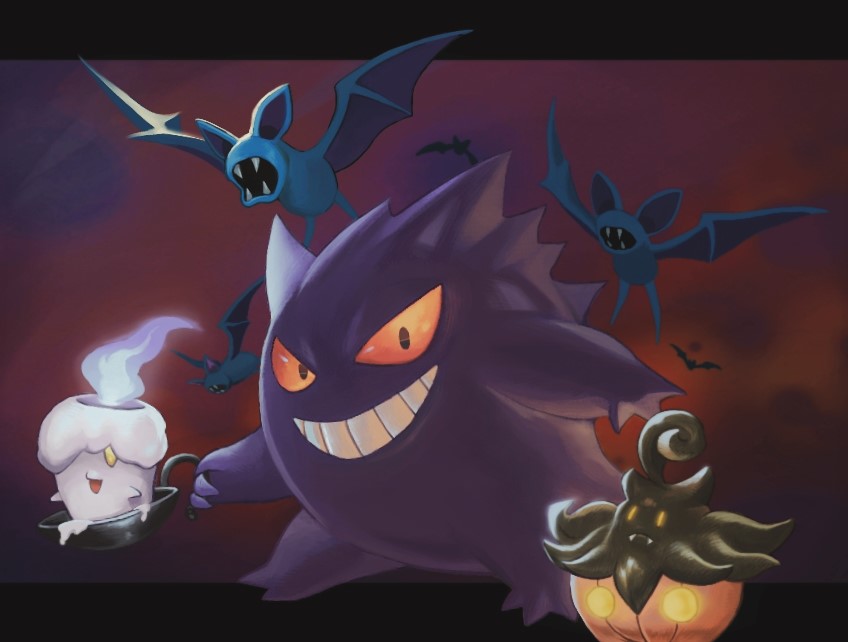 commentary_request daon_(kenta111881) fangs fangs_out fire gengar glowing glowing_eyes grin holding litwick looking_at_viewer no_humans pokemon pokemon_(creature) pumpkaboo smile teeth zubat