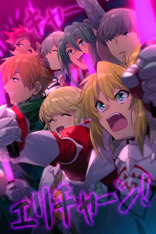 1girl 1other 5boys armor bangs bedivere_(fate) blonde_hair brown_eyes brown_hair cape cheering chevalier_d'eon_(fate) closed_eyes commentary_request echo_(circa) eyebrows_visible_through_hair fate/grand_order fate_(series) gauntlets glowstick green_cape green_eyes green_hair grey_hair grin hair_between_eyes height_difference holding holding_glowstick holding_stick knight long_hair looking_away mordred_(fate) mordred_(fate/apocrypha) multiple_boys napoleon_bonaparte_(fate) open_mouth orange_hair pointy_hair ponytail robin_hood_(fate) short_hair smile stick sweatdrop teeth tongue twitter_username upper_body upper_teeth watanabe_no_tsuna_(fate) white_cape