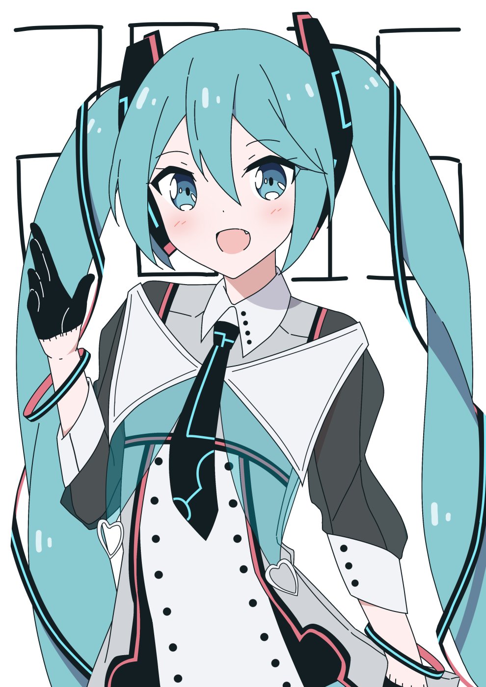 1girl 2015 aqua_eyes aqua_hair black_neckwear bracelet commentary dress fang giryu gloves hair_ornament half_gloves hand_up hatsune_miku heart highres jewelry light_blush long_hair looking_at_viewer magical_mirai_(vocaloid) necktie open_mouth smile solo twintails very_long_hair vocaloid waving white_background white_dress