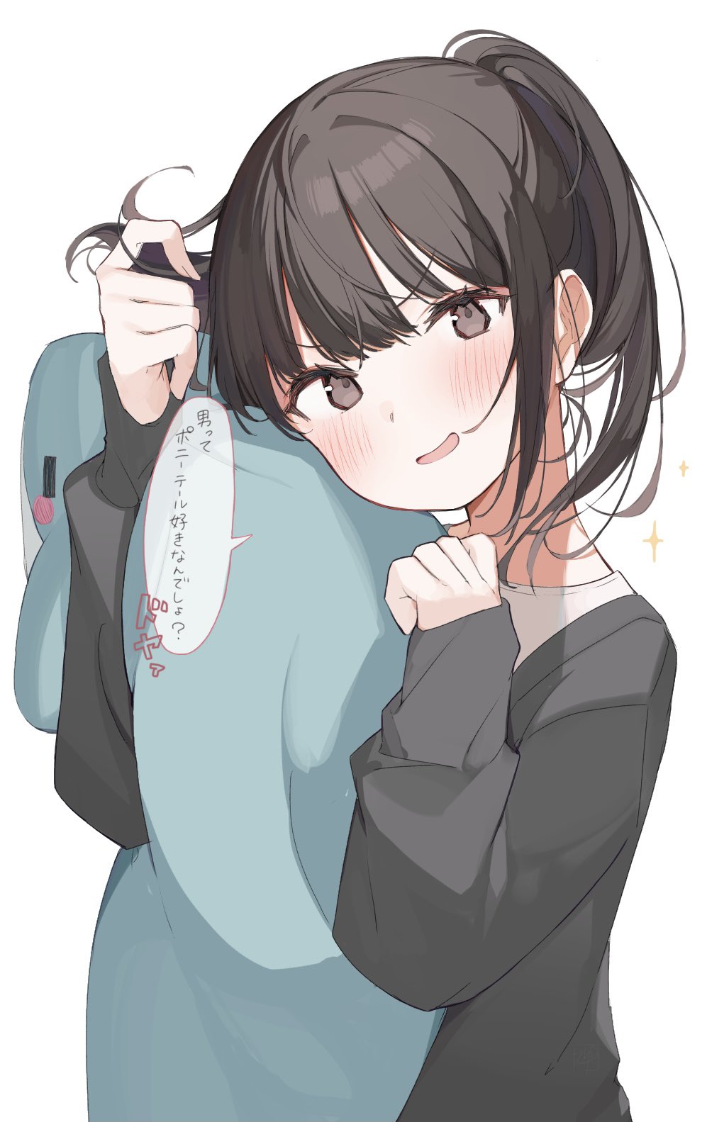 1girl arm_up bangs black_jacket blush brown_eyes brown_hair commentary_request doll_hug eyebrows_visible_through_hair hand_up highres jacket long_sleeves looking_at_viewer object_hug original parted_lips ponytail shirt short_hair simple_background sinnop10 sleeves_past_wrists smile solo sparkle stuffed_animal stuffed_shark stuffed_toy translated v-shaped_eyebrows white_background white_shirt
