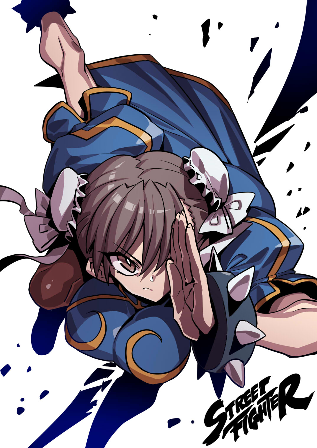 1girl blue_dress bracelet breasts brown_eyes brown_hair bun_cover china_dress chinese_clothes chun-li closed_mouth double_bun dress highres jewelry looking_at_viewer pantyhose puffy_short_sleeves puffy_sleeves short_hair short_sleeves solo spiked_bracelet spikes street_fighter street_fighter_ii_(series) tukiwani