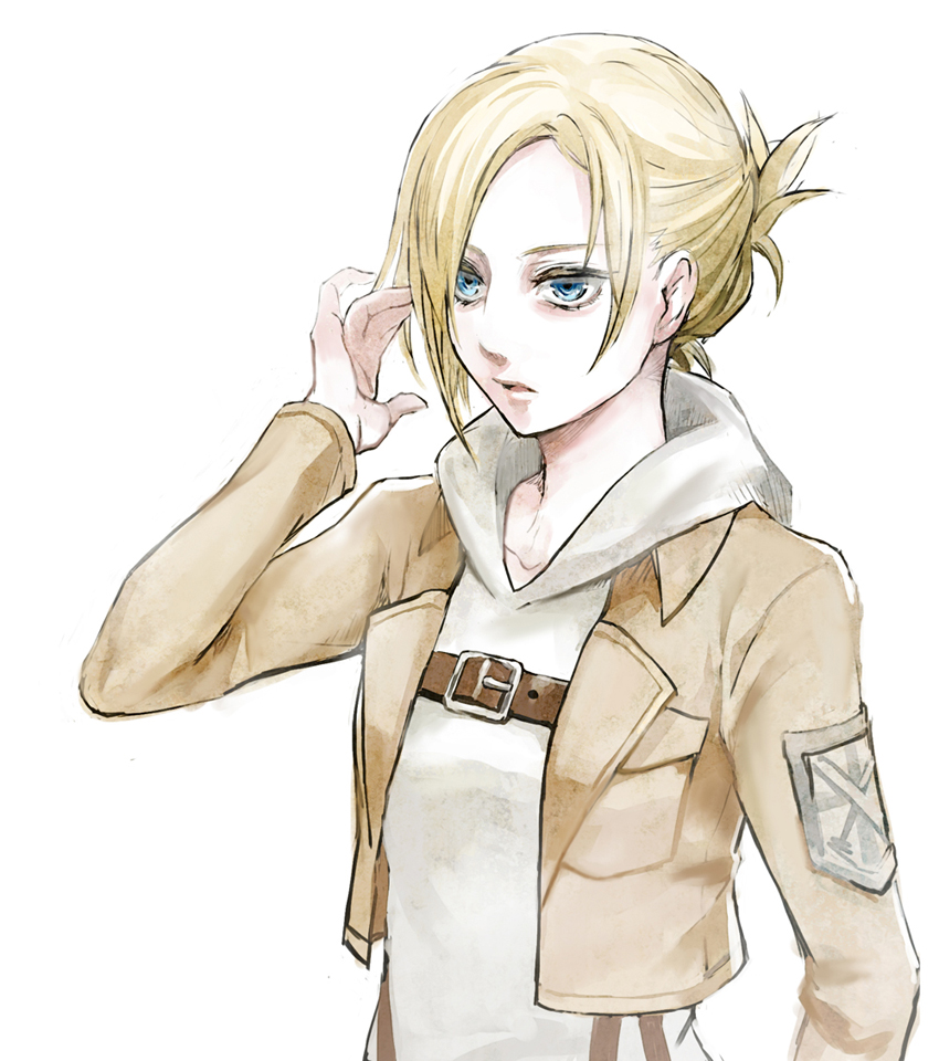 1girl annie_leonhardt bangs blonde_hair blue_eyes brown_jacket chest_belt commentary cropped_jacket hair_bun hair_tucking hand_up hood hood_down hoodie jacket leather_belt looking_to_the_side open_clothes open_jacket parted_lips shingeki_no_kyojin short_hair simple_background solo standing swept_bangs tontan upper_body white_background white_hoodie