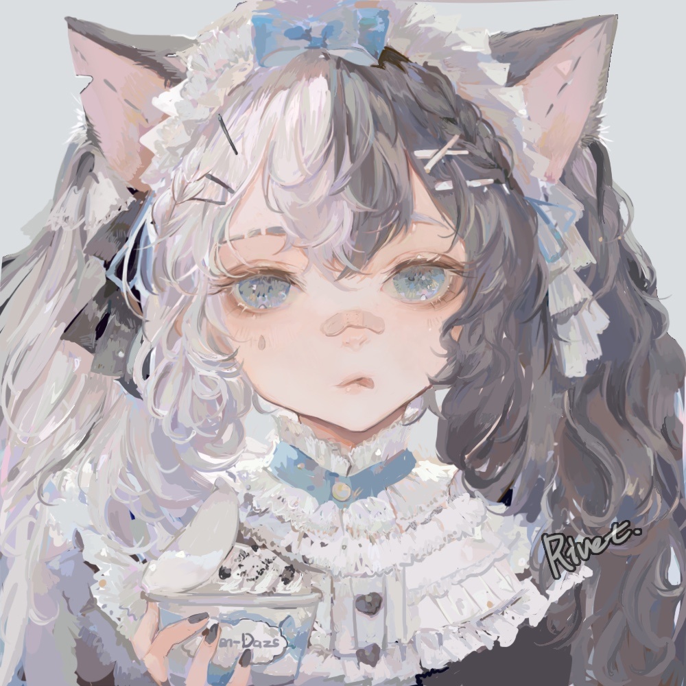 1girl animal_ears bandaid bandaid_on_nose black_hair black_nails blue_bow blue_eyes bow cat_ears cat_girl cream eyebrows frilled_shirt_collar frills grey_eyes hair_between_eyes hair_ornament hairband hairclip lolita_fashion lolita_hairband looking_at_viewer multicolored_hair rivet_(artist) sidelocks solo twintails two-tone_hair upper_body wavy_hair white_hair