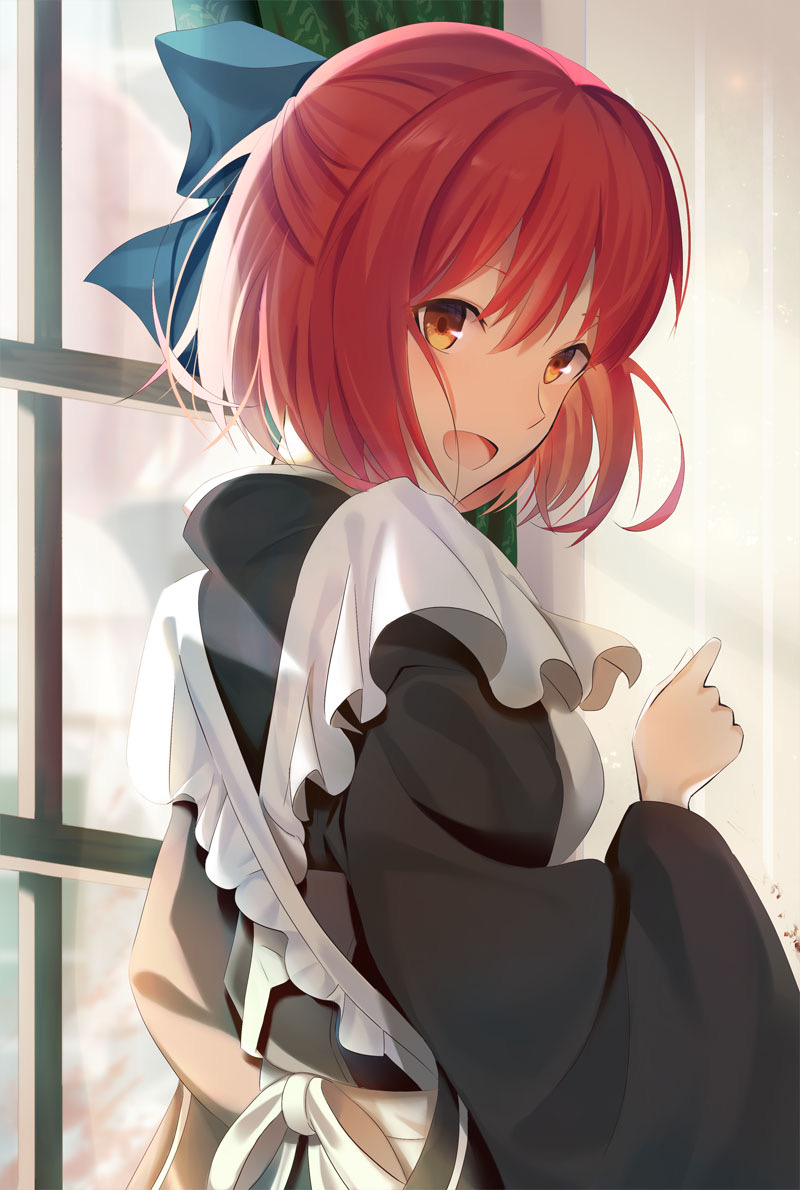 1girl apron back bangs black_kimono blue_bow bow commentary dog-run frilled_apron frills hair_between_eyes hair_bow half_updo indoors japanese_clothes kimono kohaku_(tsukihime) looking_at_viewer looking_back maid_apron open_mouth redhead short_hair smile solo tongue tsukihime upper_body wa_maid white_apron wide_sleeves window yellow_eyes