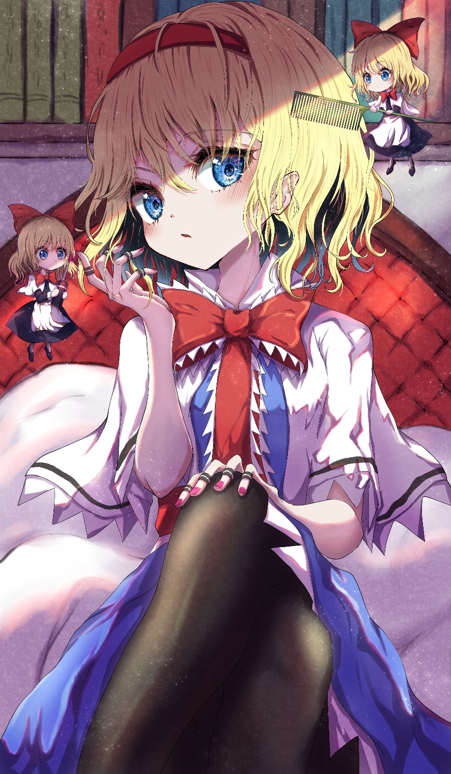 1girl 3girls :/ alice_margatroid bangs black_legwear blonde_hair blue_dress blue_eyes blush book bookshelf bow bowtie breasts capelet comb crossed_legs dress expressionless eyebrows_visible_through_hair feet_out_of_frame hair_between_eyes hair_brush hairband hand_on_own_knee hand_up highres hourai_doll indoors jewelry kayon_(touzoku) light_particles looking_at_viewer medium_breasts multiple_girls nail_polish pantyhose parted_lips pink_nails red_bow red_bowtie red_hairband red_nails red_neckwear ring shanghai_doll short_hair sitting small_breasts solo touhou white_capelet