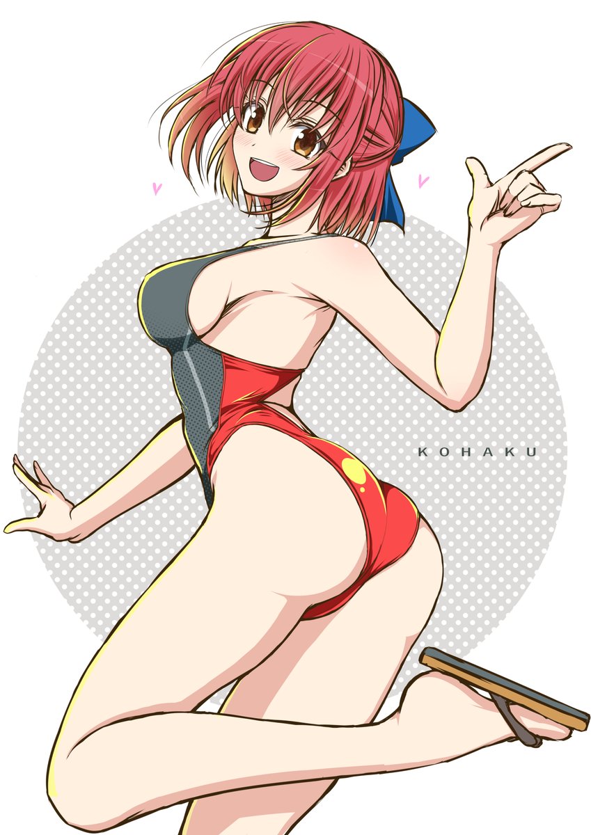 1girl alternate_costume ass bangs black_swimsuit blue_bow blush bow breasts brown_eyes character_name commentary_request competition_swimsuit eyebrows_visible_through_hair hair_between_eyes hair_bow half_updo heart highres index_finger_raised kiriya_(aprikose_0312) kohaku_(tsukihime) large_breasts leg_up looking_at_viewer one-piece_swimsuit open_mouth red_swimsuit redhead sandals short_hair sideboob smile solo swimsuit teeth thighs tongue tsukihime two-tone_swimsuit upper_teeth