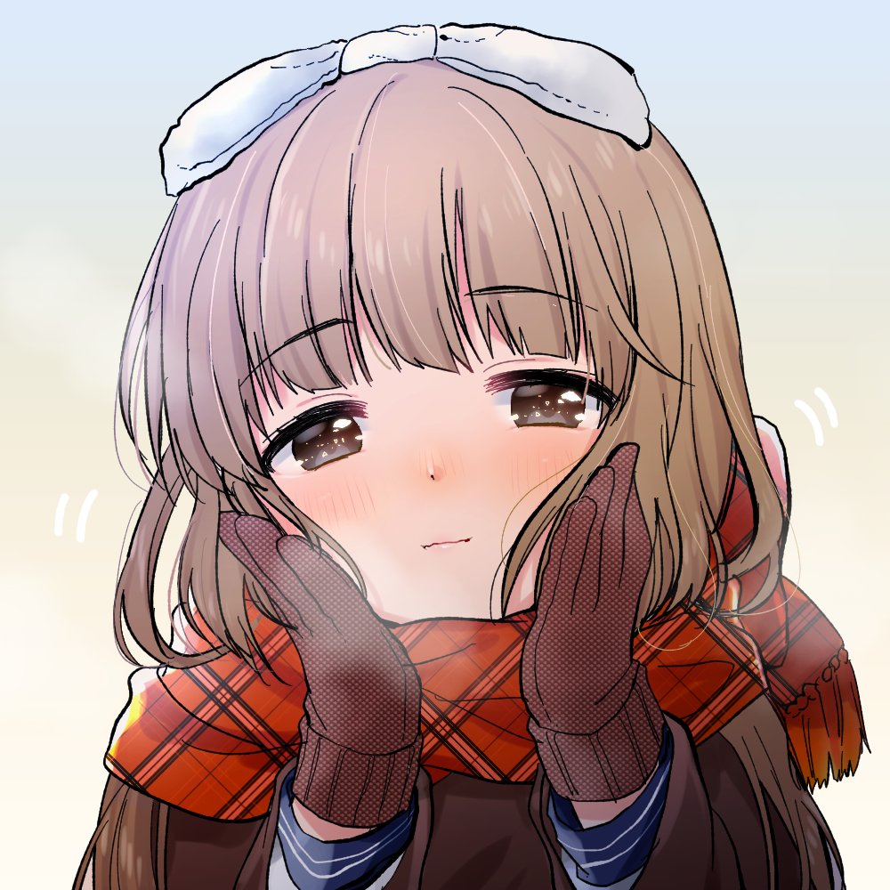 1girl bangs blunt_bangs blush bow brown_hair coat eyebrows_visible_through_hair full-face_blush gloves hair_bow hands_on_own_cheeks hands_on_own_face idolmaster idolmaster_cinderella_girls looking_at_viewer motion_lines oonishi_nishio patterned_clothing plaid plaid_scarf red_gloves scarf school_uniform solo steam upper_body yorita_yoshino