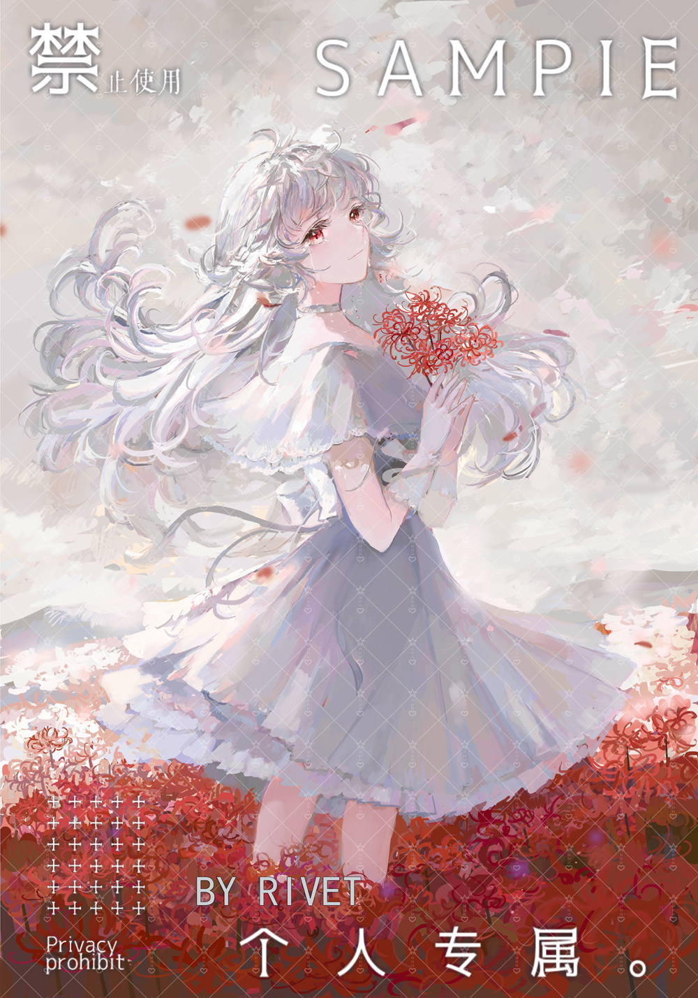 1girl blurry bracelet braid choker crying crying_with_eyes_open depth_of_field dress flower french_braid highres holding holding_flower jewelry layered_dress light_smile long_dress long_hair looking_at_viewer original petals red_eyes red_flower rivet_(artist) sample short_sleeves solo spider_lily standing tears watermark white_dress white_hair