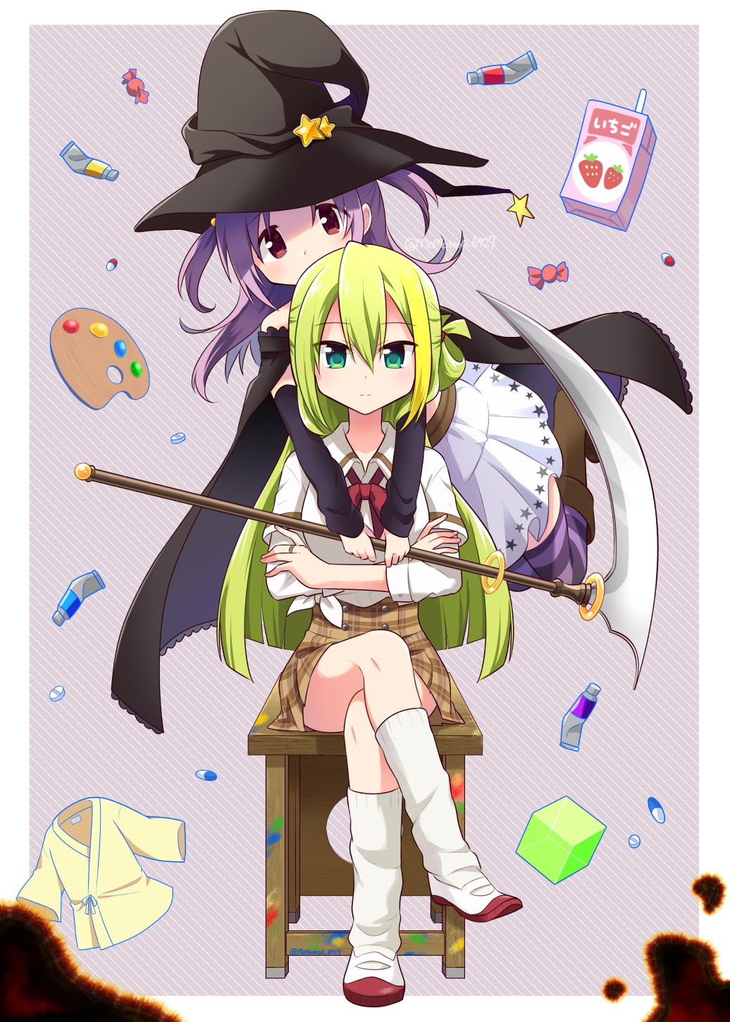 2girls alina_gray candy cape food green_eyes green_hair hat highres long_hair magia_record:_mahou_shoujo_madoka_magica_gaiden magical_girl mahou_shoujo_madoka_magica milk_carton misono_karin momo_tomato multiple_girls paint palette_(object) pink_eyes pink_hair rubik's_cube school_uniform scythe star_(symbol) strawberry_milk witch_hat