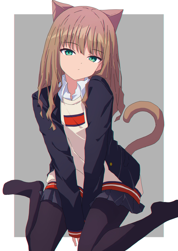 1girl animal_ears bangs between_legs black_jacket black_legwear black_skirt blazer cat_ears cat_girl cat_tail closed_mouth collared_shirt commentary_request dress_shirt eyebrows_visible_through_hair green_eyes grey_background gridman_universe hand_between_legs jacket long_sleeves looking_at_viewer minami_yume open_clothes open_jacket oueo pantyhose pleated_skirt school_uniform shirt sitting skirt sleeves_past_wrists solo ssss.dynazenon sweater_vest tail two-tone_background wariza white_background white_shirt