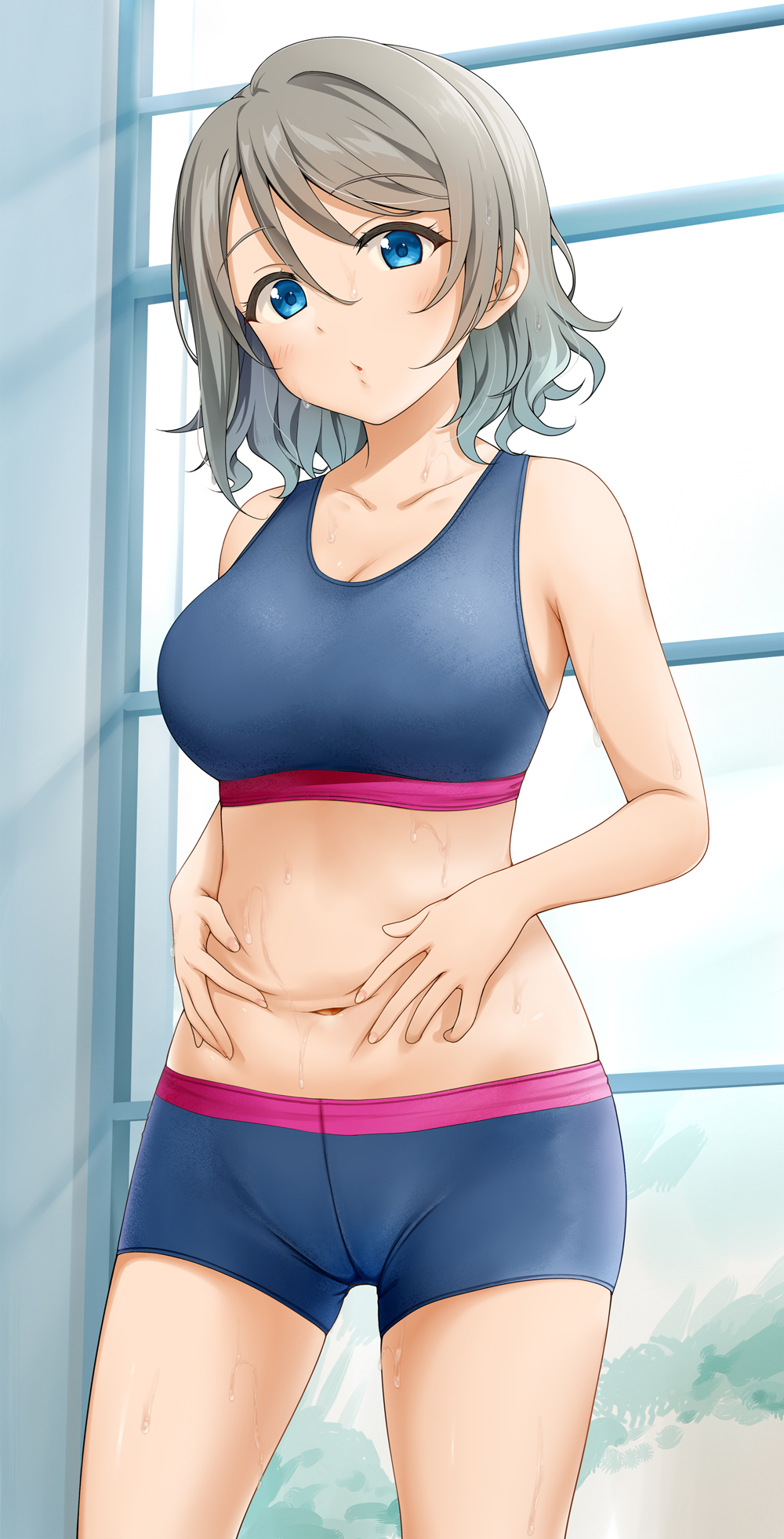 1girl bike_shorts blue_eyes blue_shorts blush breasts brown_hair collarbone eyebrows_visible_through_hair hair_between_eyes highres large_breasts looking_at_viewer love_live! love_live!_sunshine!! midriff miel_(lessontome) navel short_hair shorts solo sports_bra standing stomach sweat watanabe_you