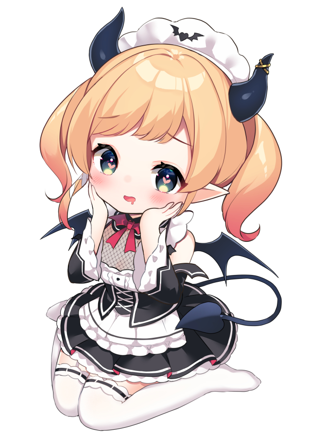 1girl apron bangs black_dress blonde_hair blue_eyes blush chibi commentary_request demon_girl demon_horns demon_tail demon_wings dress drooling eyebrows_visible_through_hair full_body gradient_hair hands_on_own_cheeks hands_on_own_face hololive horns long_hair long_sleeves looking_at_viewer maid maid_headdress mouth_drool multicolored_hair no_shoes nyasunyadoora open_mouth pointy_ears redhead sidelocks signature simple_background sitting solo tail thigh-highs twintails virtual_youtuber wariza white_apron white_background white_legwear wings younger yuzuki_choco