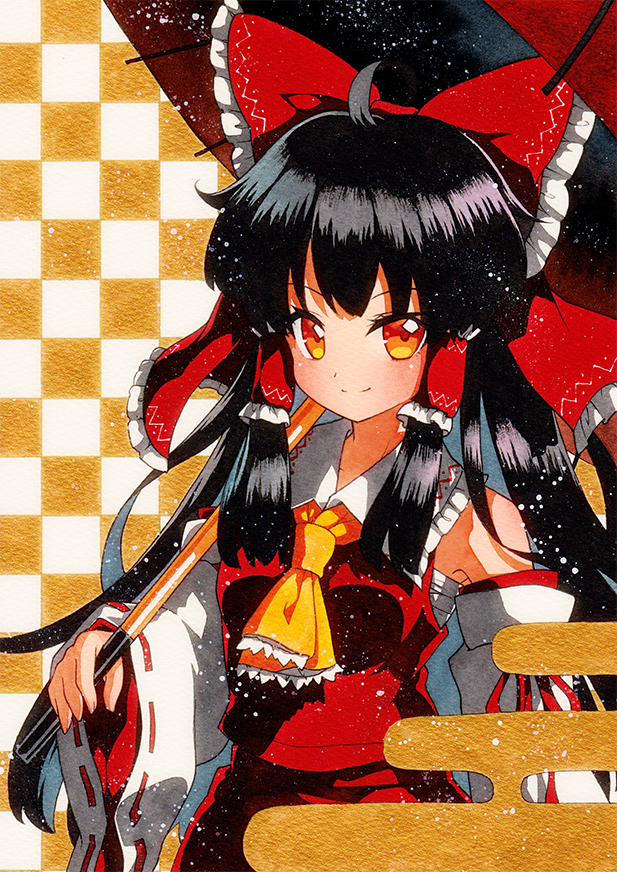 1girl ahoge ascot bare_shoulders black_hair bow breasts checkered checkered_background closed_mouth cowboy_shot detached_sleeves eyebrows_visible_through_hair frilled_ascot frilled_bow frilled_hair_tubes frills hair_bow hair_tubes hakurei_reimu holding holding_umbrella long_hair looking_at_viewer oil-paper_umbrella orange_ascot orange_eyes orange_neckwear qqqrinkappp red_bow red_ribbon red_shirt red_skirt ribbon ribbon-trimmed_sleeves ribbon_trim sarashi shirt skirt skirt_set sleeveless sleeveless_shirt small_breasts solo touhou traditional_media umbrella wide_sleeves