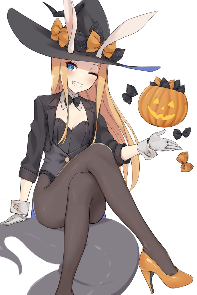 1girl abigail_williams_(fate) animal_ears arm_support bangs black_bow black_headwear black_jacket black_legwear black_leotard black_vest blonde_hair blush bow brown_bow commentary_request cropped_jacket crossed_legs fake_animal_ears fate/grand_order fate_(series) gloves grin hat hat_bow high_heels jack-o'-lantern jacket kopaka_(karda_nui) leotard long_hair long_sleeves looking_at_viewer one_eye_closed open_clothes open_jacket orange_footwear pantyhose parted_bangs polka_dot polka_dot_bow rabbit_ears shoes simple_background sitting smile solo tentacles very_long_hair vest white_background white_gloves witch_hat