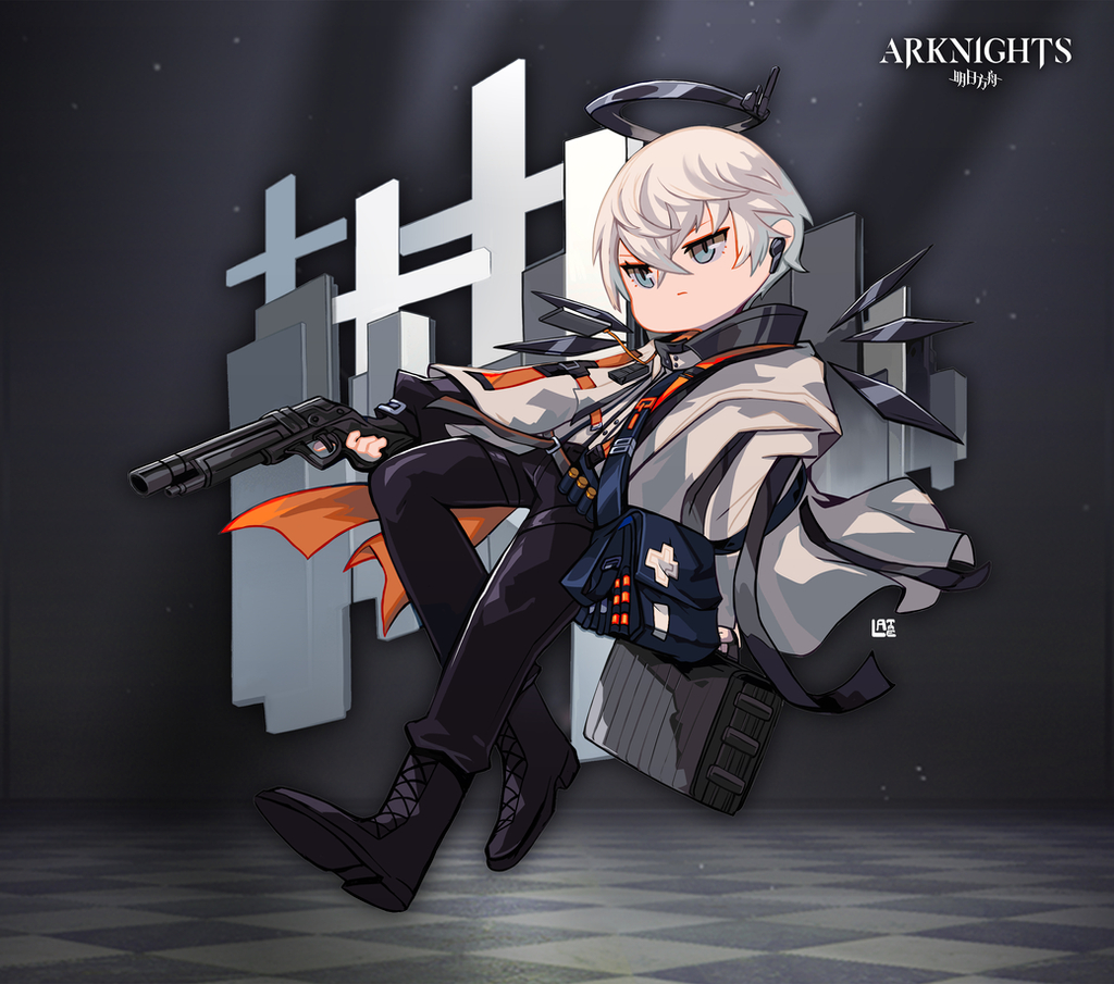 1boy arknights bag bangs black_footwear black_pants blue_eyes boots closed_mouth earpiece executor_(arknights) full_body gun hair_between_eyes halo handgun holding holding_gun holding_weapon jacket lataedelan long_sleeves male_focus pants pistol shoes short_hair shoulder_bag solo trigger_discipline v-shaped_eyebrows weapon white_hair white_jacket wings