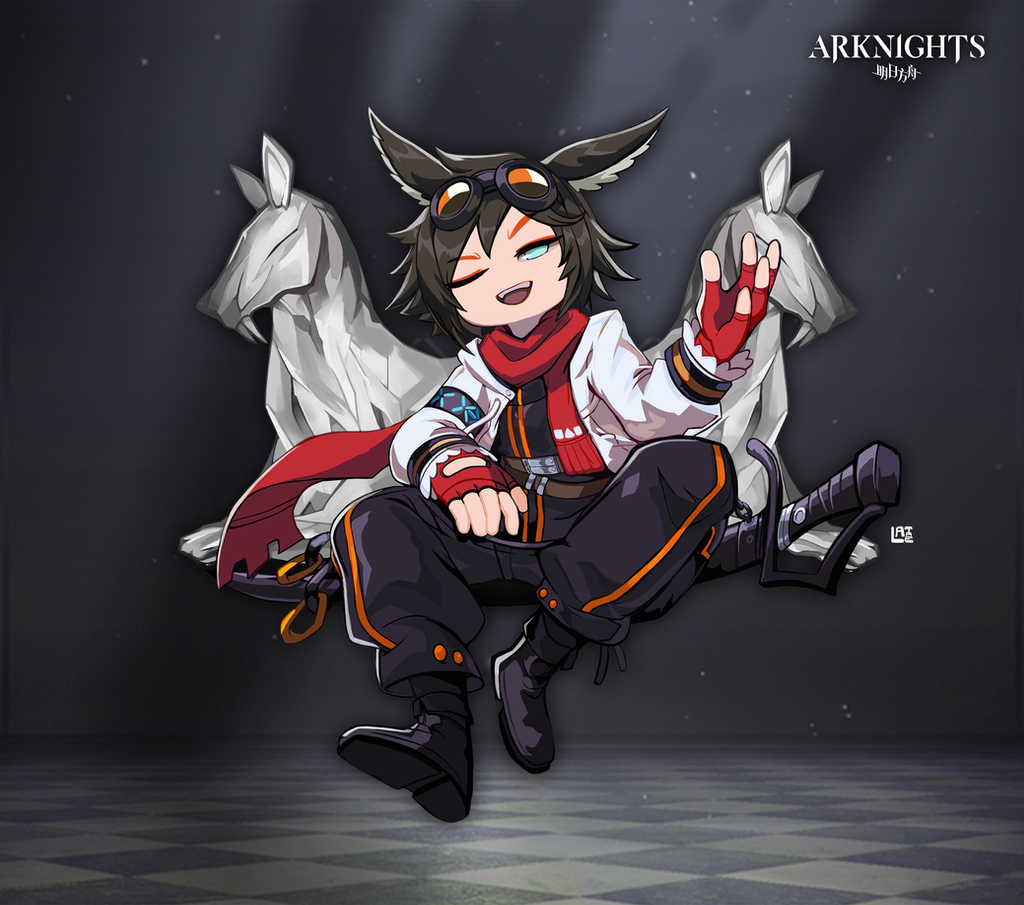 1boy animal_ears arknights bangs black_footwear black_hair black_pants blue_eyes boots courier_(arknights) eyewear_on_head full_body gloves horse_boy horse_ears invisible_chair jacket lataedelan long_sleeves looking_at_viewer one_eye_closed pants red_gloves red_neckwear scarf sheath sheathed sitting solo sunglasses sword v v-shaped_eyebrows weapon white_jacket