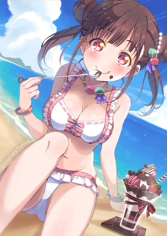 1girl :q beach bikini blush bracelet_removed breasts brown_hair chocolate chocolate_chip chocolate_syrup double_bun dutch_angle eating food food-themed_hair_ornament food-themed_necklace food_on_face frilled_bikini frills fruit groin hair_ornament horizon ice_cream ice_cream_spoon idolmaster idolmaster_shiny_colors kitahara_tomoe_(kitahara_koubou) large_breasts macaron macaron_hair_ornament medium_hair nail_polish outdoors red_eyes sitting solo sonoda_chiyoko spoon strawberry sundae swimsuit tongue tongue_out twintails twitter_username water