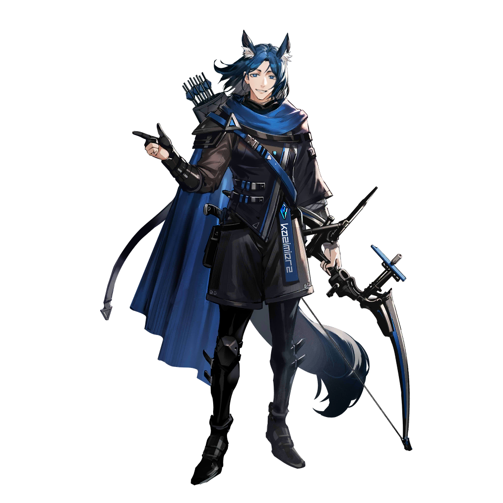 1boy animal_ear_fluff animal_ears arknights arrow_(projectile) artist_request black_footwear black_gloves black_jacket black_shorts blue_eyes blue_hair bow_(weapon) character_request full_body gloves grin holding holding_bow_(weapon) holding_weapon jacket looking_at_viewer male_focus official_art quiver shoes short_hair shorts smile standing tail transparent_background weapon