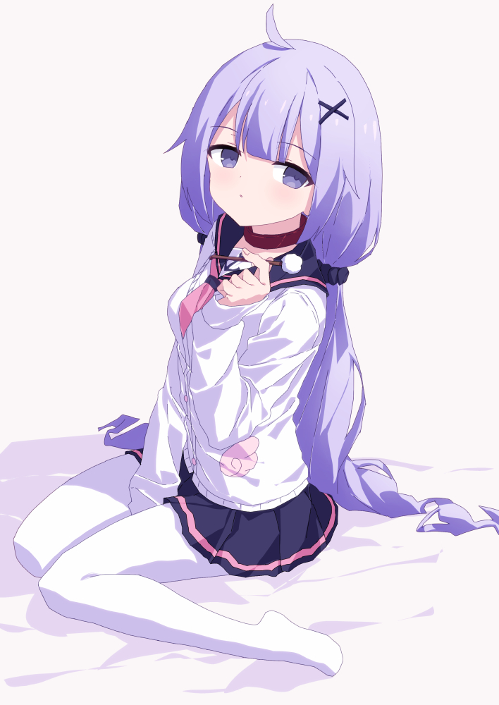 1girl ahoge azur_lane bed_sheet between_legs black_sailor_collar black_scrunchie black_skirt breasts cardigan collar commentary_request full_body grey_background hair_ornament hair_scrunchie hand_between_legs hand_up holding long_hair looking_at_viewer low_twintails mimikaki neckerchief oueo pantyhose parted_lips pink_neckwear pleated_skirt purple_hair red_collar sailor_collar school_uniform scrunchie serafuku simple_background sitting skirt small_breasts solo twintails unicorn_(azur_lane) unicorn_(long-awaited_date)_(azur_lane) very_long_hair violet_eyes white_cardigan white_legwear x_hair_ornament