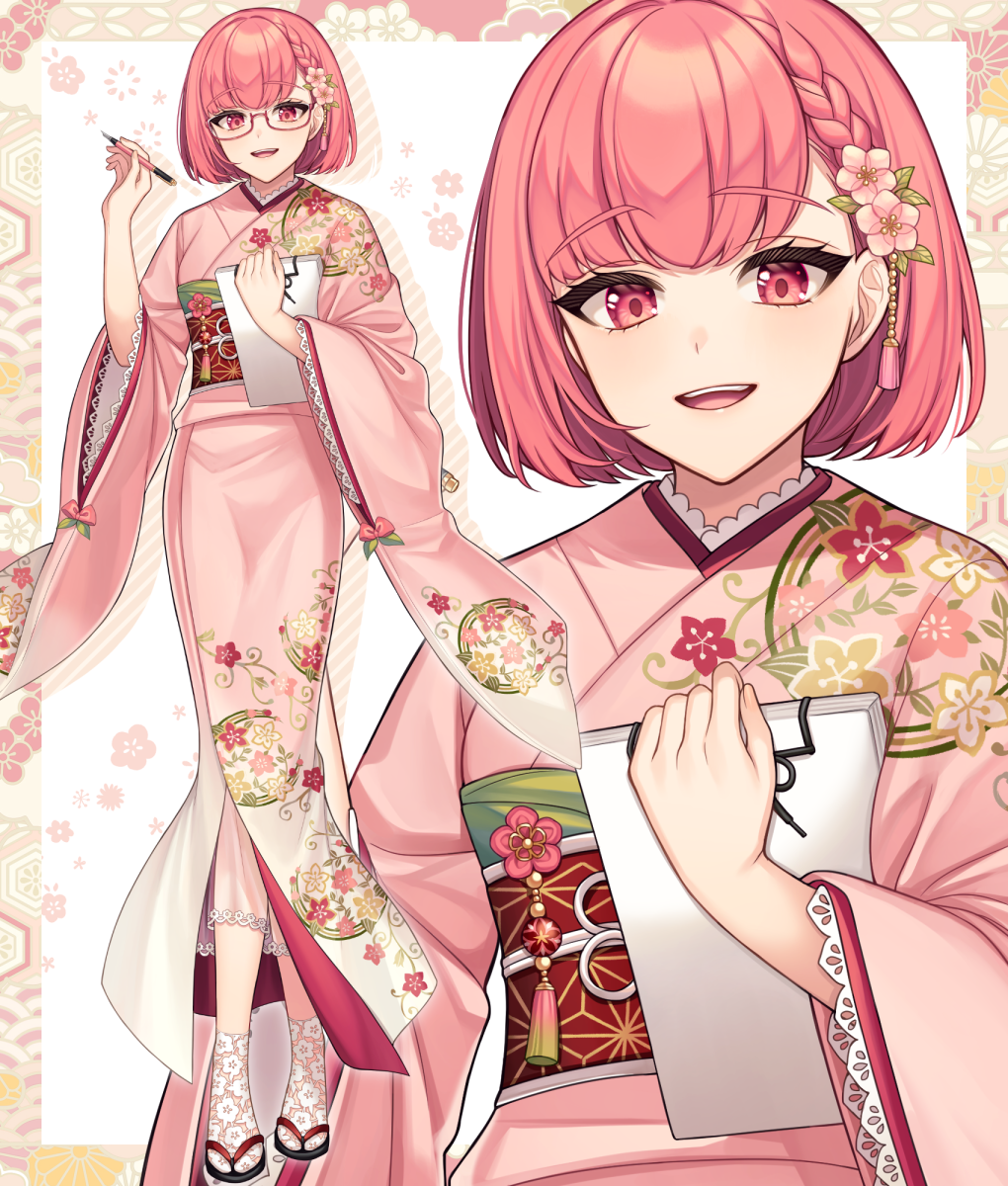 1girl :d bangs black_footwear braid character_request commentary_request eyebrows_visible_through_hair floral_background floral_print flower glasses hair_flower hair_ornament highres iriam japanese_clothes karokuchitose kimono long_sleeves looking_at_viewer multiple_views obi official_art pink_flower pink_kimono print_kimono red-framed_eyewear red_eyes redhead sash semi-rimless_eyewear short_hair smile socks under-rim_eyewear virtual_youtuber white_legwear wide_sleeves zoom_layer zouri