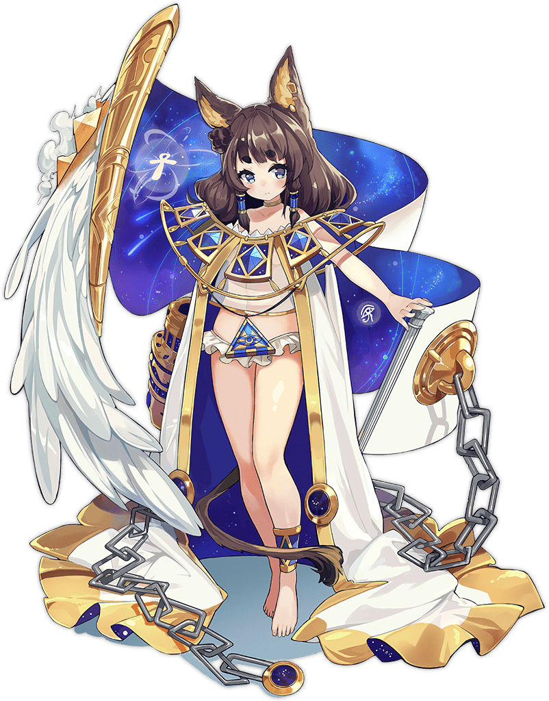 1girl animal_ear_fluff animal_ears ankh anklet ark_order bangs barefoot blue_eyes brown_hair cane cape chain constellation_print ear_piercing eye_of_horus feathered_wings fox_ears frilled_panties frills full_body gold_trim hair_tubes jewelry lion_tail long_hair looking_at_viewer mao_ren_tv_xiao_z official_art panties piercing pillar see-through_shirt shirt short_eyebrows sidelocks single_wing solo sphinx_(ark_order) tachi-e tail transparent_background underwear white_cape white_feathers white_panties white_shirt white_wings wings