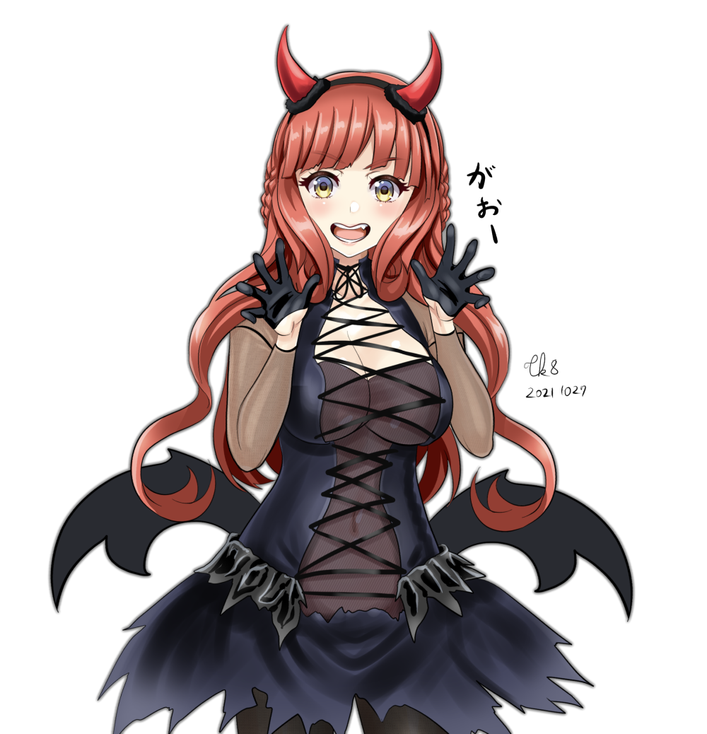 1girl alternate_costume bangs bat_wings black_dress black_gloves blunt_bangs braid breasts commentary_request cowboy_shot curly_hair de_ruyter_(kancolle) demon_girl demon_horns demon_wings dress gloves green_eyes halloween_costume horns kantai_collection large_breasts long_hair looking_at_viewer one-hour_drawing_challenge redhead side_braid simple_background solo tk8d32 white_background wings