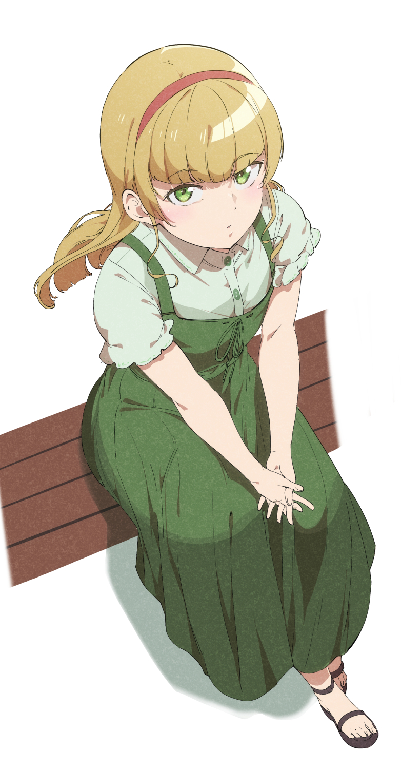 1girl alternate_costume bangs blonde_hair blunt_bangs collared_shirt dress eyebrows_visible_through_hair from_above full_body green_dress green_eyes hairband heanna_sumire highres interlocked_fingers looking_at_viewer love_live! love_live!_superstar!! on_bench pinafore_dress red_hairband ringlets sandals sato_uma shirt short_sleeves sidelocks sitting solo v_arms white_shirt