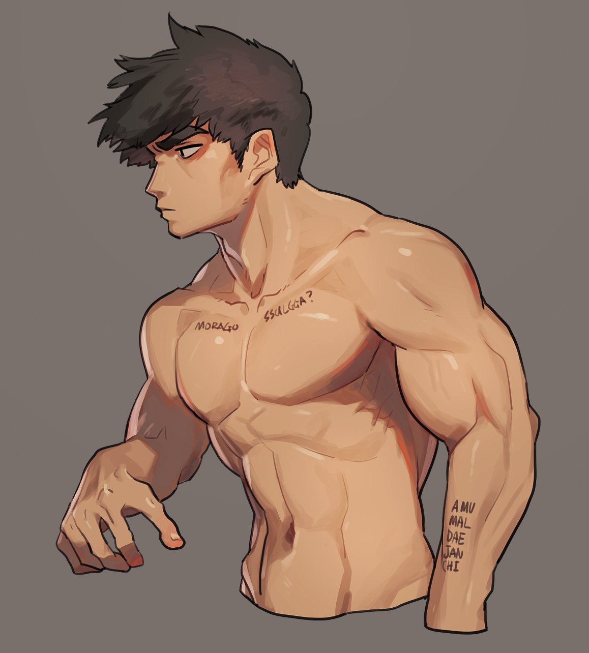 1boy abs biceps black_hair bodypaint commentary_request cropped_torso dark-skinned_male dark_skin highres looking_to_the_side male_focus muscular muscular_male no_nipples original pectorals rinotuna short_hair sideburns solo stomach thick_eyebrows veins
