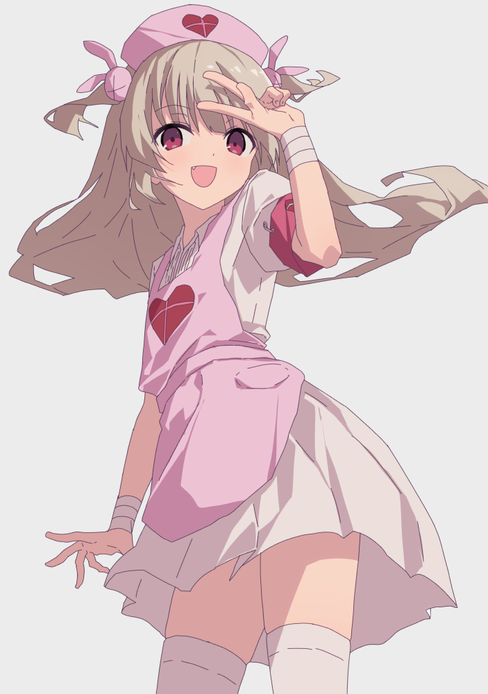 1girl :d apron arm_up armband bandaged_arm bandages brown_hair bunny_hair_ornament collared_shirt commentary_request dress_shirt fang grey_background hair_ornament hat long_hair looking_at_viewer natori_sana nurse_cap oueo pink_apron pink_headwear pleated_skirt red_eyes safety_pin sana_channel shirt simple_background skirt smile solo thigh-highs two_side_up v virtual_youtuber white_legwear white_shirt white_skirt
