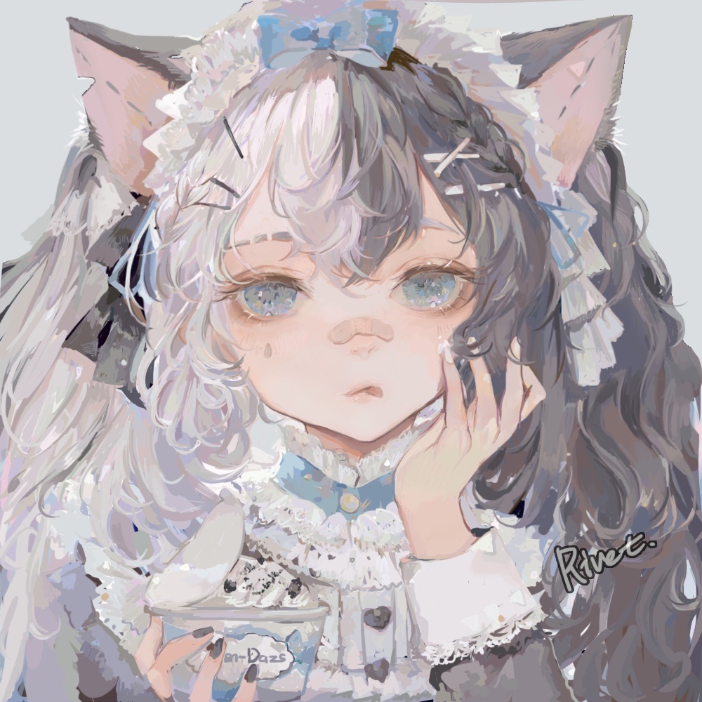 1girl animal_ears bandaid bandaid_on_nose black_hair black_nails blue_bow blue_eyes bow cat_ears cat_girl cream eyebrows frilled_shirt_collar frills grey_eyes hair_between_eyes hair_ornament hairband hairclip lolita_fashion lolita_hairband looking_at_viewer multicolored_hair original rivet_(artist) sidelocks solo twintails two-tone_hair upper_body wavy_hair white_hair