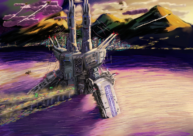 bridge car choujikuu_yousai_macross clouds commentary_request condensation_trail flying gerwalk ground_vehicle lake lights macross macross:_do_you_remember_love? mecha motor_vehicle mountainous_horizon oekaki road scenery science_fiction sdf-1 storm_attacker u.n._spacy user_rjty7334 variable_fighter vf-1