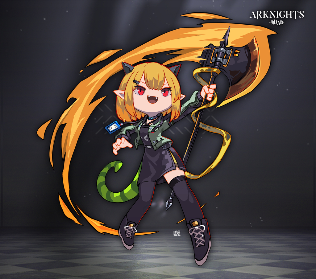 1girl :d arknights asymmetrical_legwear axe bangs black_dress black_footwear black_legwear blonde_hair bob_cut dress fang full_body green_jacket holding holding_axe horns id_card jacket lataedelan open_mouth pointy_ears red_eyes shoes short_hair smile sneakers solo tail thigh-highs uneven_legwear v-shaped_eyebrows vanilla_(arknights)