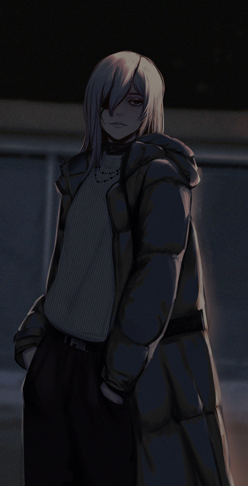 1girl alternate_costume black_pants chainsaw_man cowboy_shot eyepatch full_body hair_down hands_in_pockets highres long_coat long_hair looking_at_viewer night night_sky pants quanxi_(chainsaw_man) realistic ribbed_sweater sky sweater urban urban_style winter winter_clothes zaki_(zaki_btw)