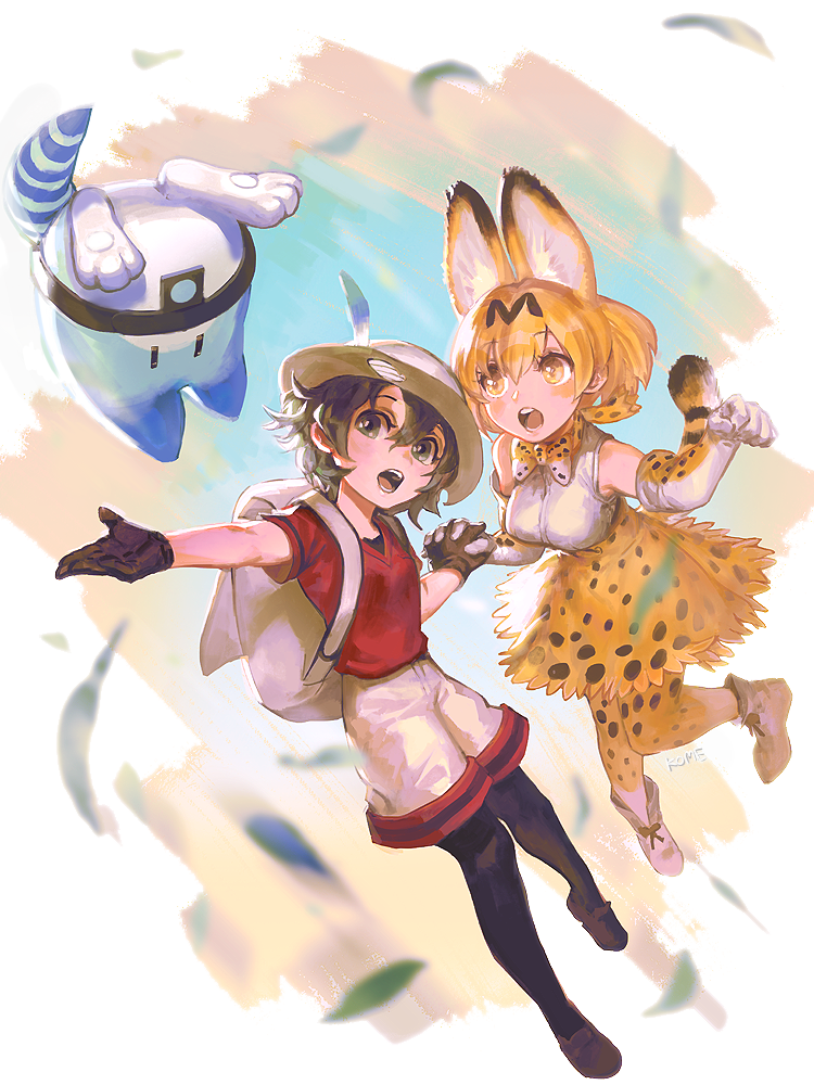 2girls animal_ears artist_name backpack bag bangs black_footwear black_gloves black_hair black_legwear blonde_hair bow bowtie cat_ears cat_tail elbow_gloves frischenq full_body gloves grey_eyes hat hat_feather helmet holding_hands kaban_(kemono_friends) kemono_friends lucky_beast_(kemono_friends) multiple_girls open_mouth outstretched_hand pantyhose pith_helmet red_shirt serval_(kemono_friends) serval_print shirt shoes short_hair short_sleeves shorts signature skirt sleeveless sleeveless_shirt tail white_bag white_footwear white_headwear white_shirt white_shorts yellow_eyes yellow_legwear yellow_skirt