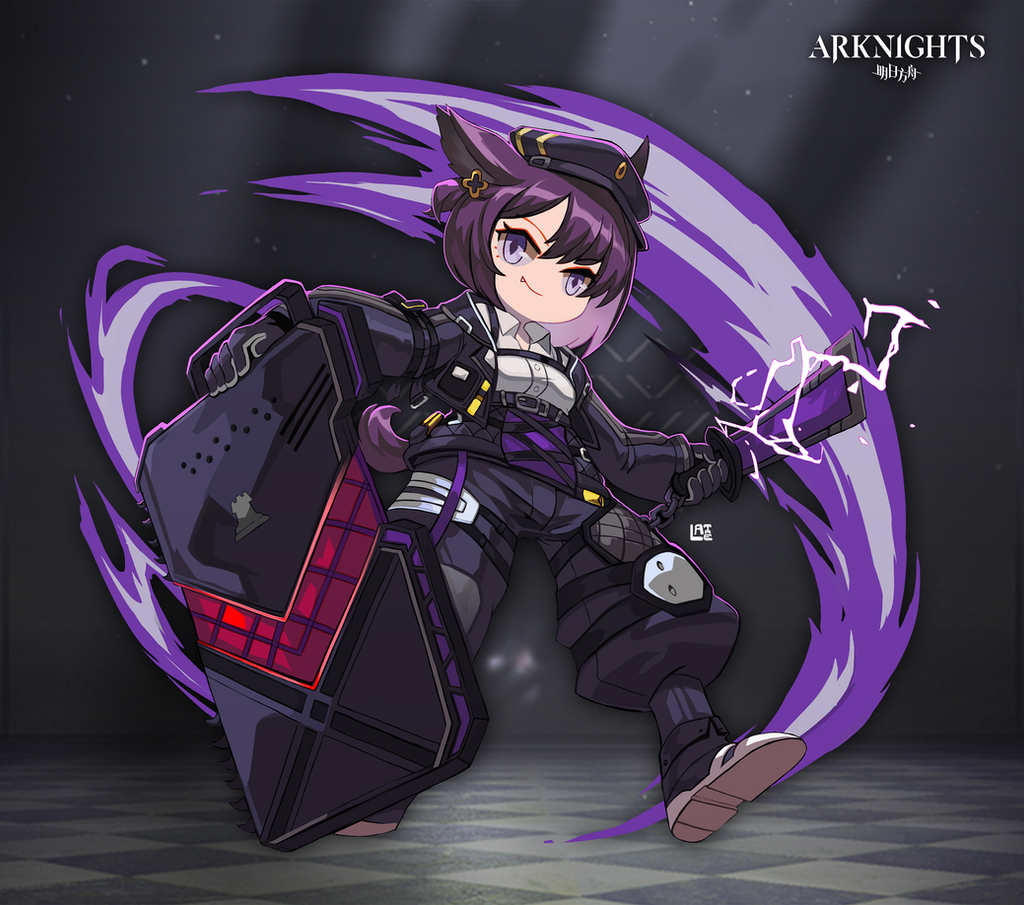 1girl animal_ears arknights bangs baton_(weapon) beret black_footwear black_headwear black_jacket black_pants closed_mouth dur-nar_(arknights) electricity fang full_body hat holding holding_shield holding_weapon jacket lataedelan looking_at_viewer pants polo_shirt purple_hair shield shirt shoes short_hair smile solo tail violet_eyes weapon white_shirt