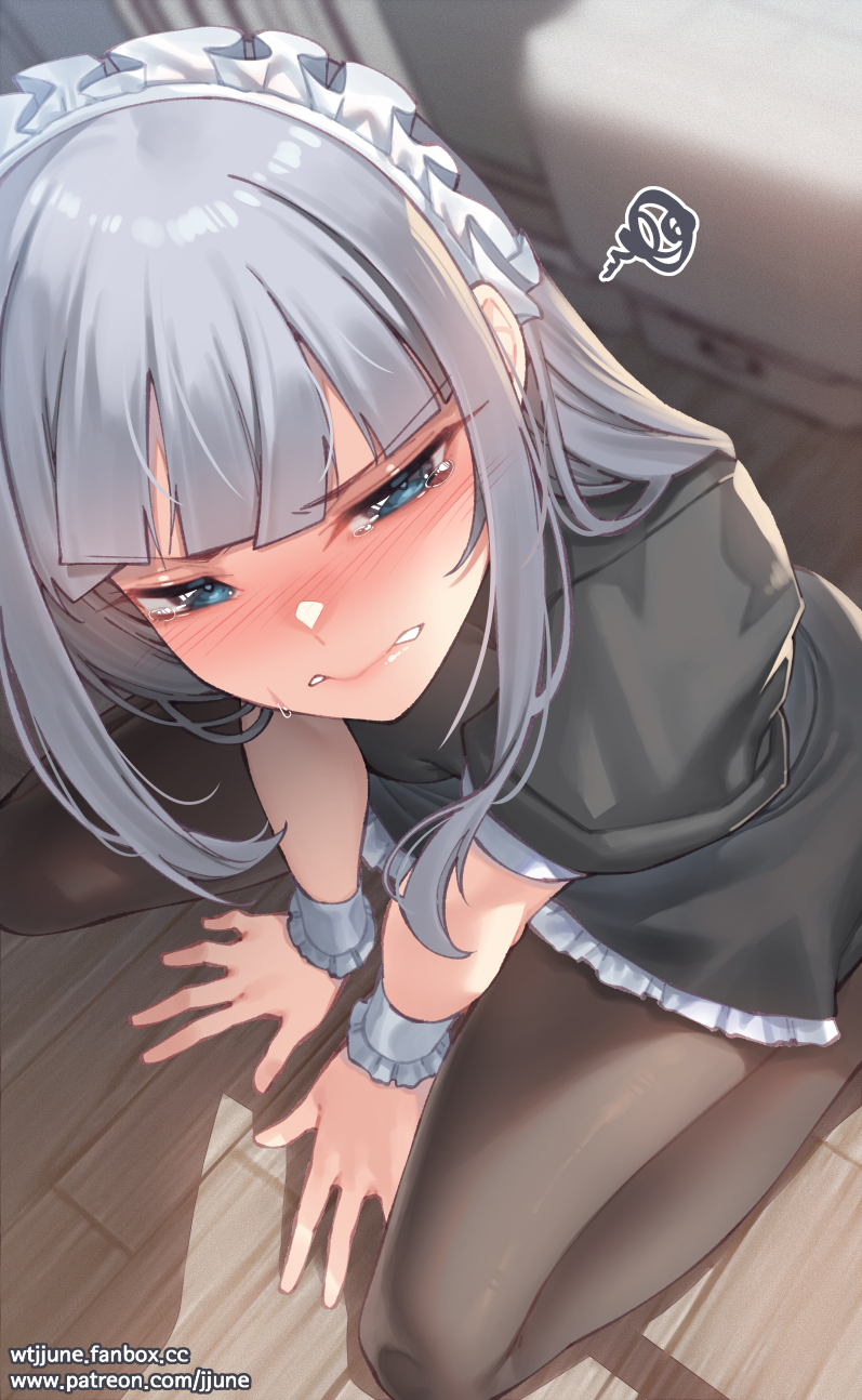 1girl artist_name bangs blue_eyes blunt_bangs blush crying crying_with_eyes_open eyebrows_visible_through_hair fanbox_username grey_hair highres indoors jjune long_hair looking_at_viewer maid maid_headdress original pantyhose patreon_username solo symbol-only_commentary tears watermark web_address wooden_floor