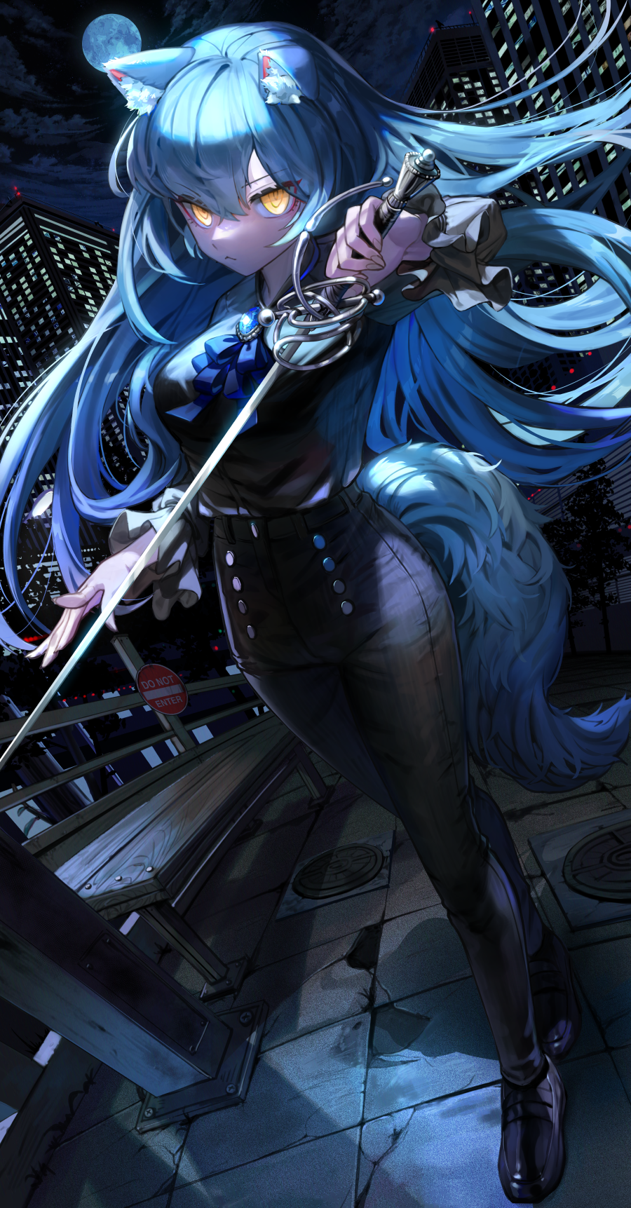 1girl :&lt; a0lp animal_ear_fluff animal_ears bangs bench black_footwear black_pants black_shirt blue_hair breasts city city_lights closed_mouth commentary_request eyebrows_visible_through_hair floating_hair full_body full_moon gem hair_between_eyes highres holding holding_sword holding_weapon korean_commentary long_hair long_sleeves looking_at_viewer moon neckwear_request night night_sky original pants shirt shoes sign sky solo standing sword tail v-shaped_eyebrows very_long_hair warning_sign weapon yellow_eyes